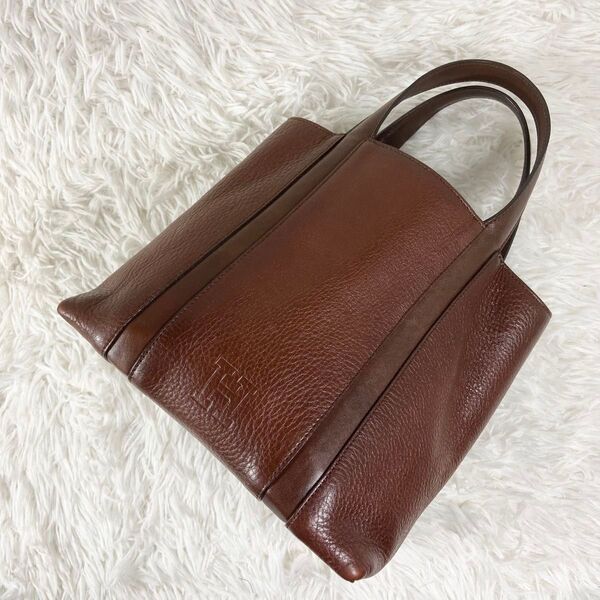 極美品 HIROFU ヒロフ ヴィータ ハンドバッグ ロゴ刻印 シボ レザー ブラウン