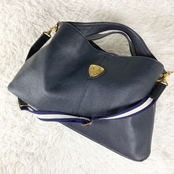 極美品 ATAO アタオ エルヴィ 2way ハンドバッグ ショルダーバッグ ゴールド金具 レザー ネイビー