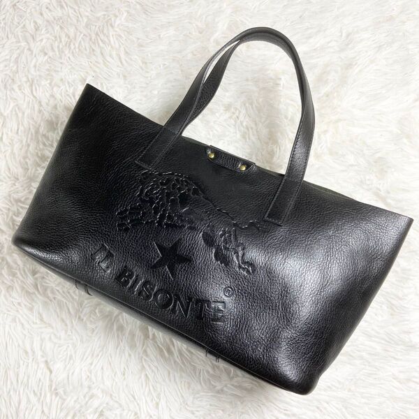 極美品 IL BISONTE イルビゾンテ ハンドバッグ トートバッグ デカロゴ ロゴ刻印 オールレザー ブラック