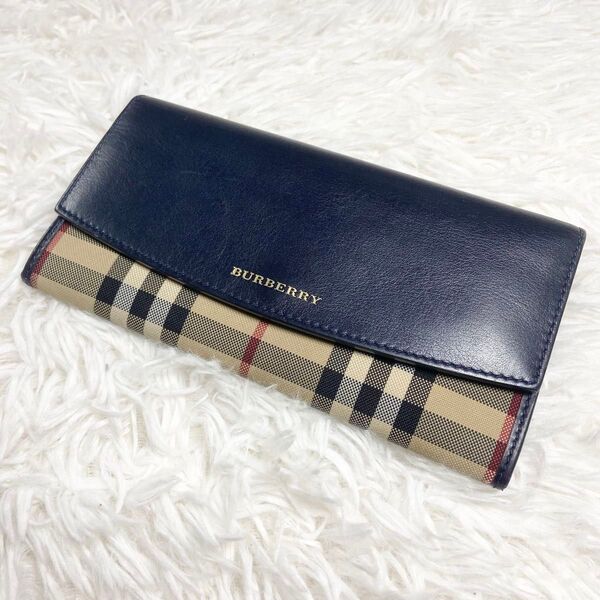 極美品 BURBERRY バーバリー 長財布 フラップ ノバチェック シャドーホース キャンバス レザー 紺
