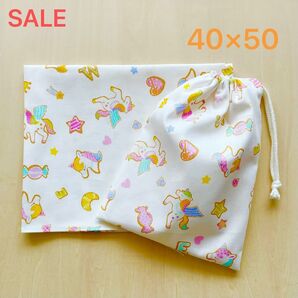 ir 40×50 給食セット 巾着&ランチョンマット ラメ入りユニコーン*白*片紐
