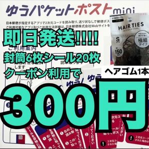ヘアゴム1本(写真参照)ゆうパケットポストmini ゆうパケットポストミニ専用封筒 6枚 発送用シール 20枚