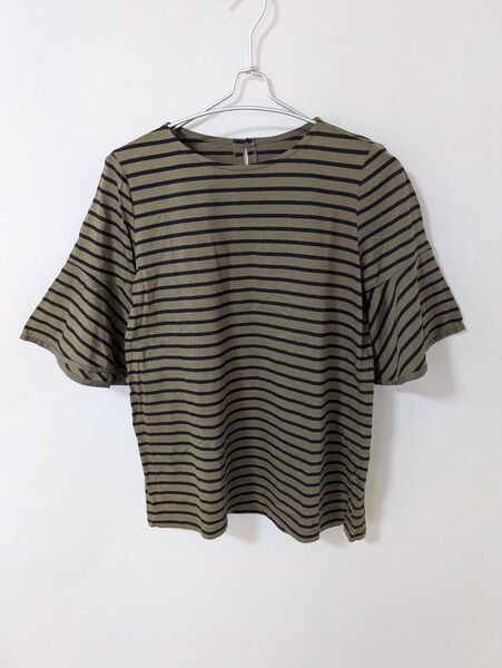 Leilian WHITE LABEL レリアン ホワイトレーベル コットン ボーダー フレア袖 Tシャツ カーキ 黒 7 S