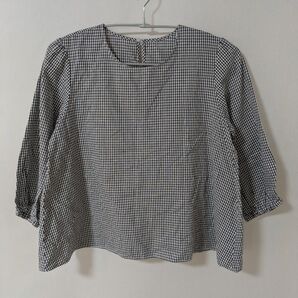 Kurihara harumi 栗原はるみ ギンガムチェック 7分袖 ブラウス コットンリネン 白 黒 M