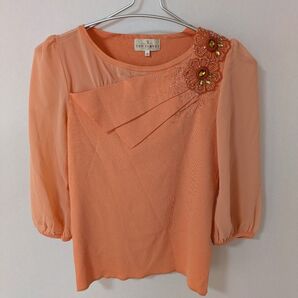 TRUSSARDI トラサルディ シフォン ドッキング ニット ブラウス 花モチーフ 7分袖 オレンジ 38 M