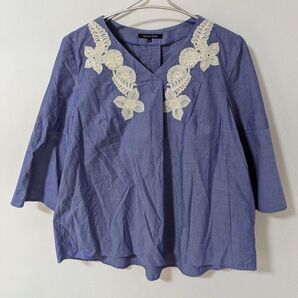 TRANS WORK トランスワーク お花の刺繍 ブラウス コットン 7分袖 青 白 40 L