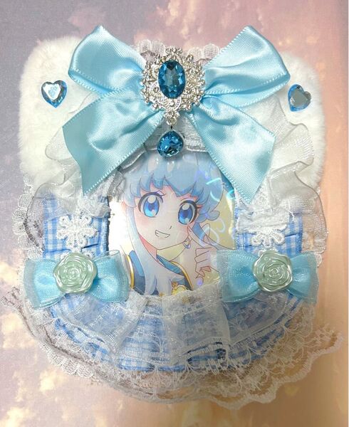 レースデコ 92 デコケース 青 水色 ブルー 白 ホワイト リボン ギンガムチェック 猫耳