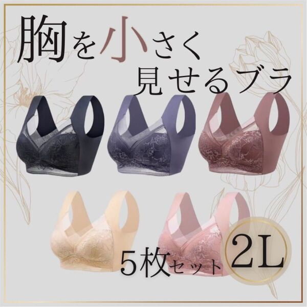 胸を小さく見せるブラ シームレス 2L 着痩せ 美胸 ノンワイヤー ナイトブラ 5枚セット 5色 着痩せ効果