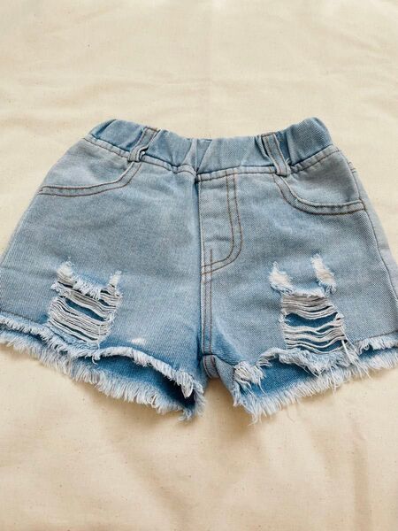 デニム ショートパンツ ダメージ加工 ブルー