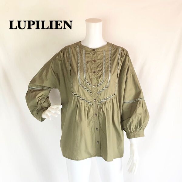 LUPILIEN バルーン袖ノーカラーエンブロイダリーレースブラウス ボタン前開き