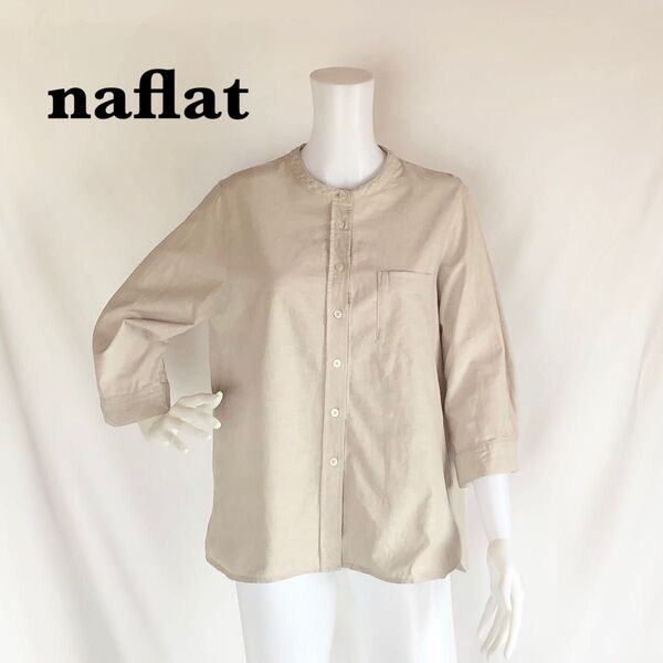 naflat 綿麻混合 ノーカラーシャツ ボリューム袖 七分袖