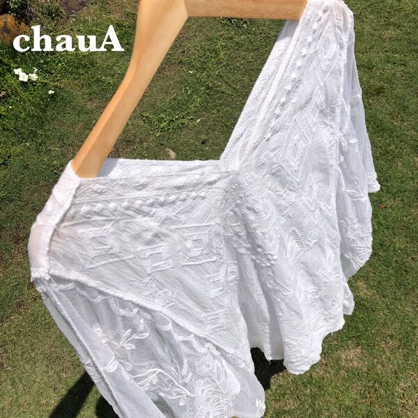 chauA 綿100% 刺繍レースシアープルオーバーエスニックブラウス カットソー アジアン(有)チャウアー