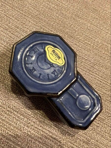【新品未使用】有田焼 香合 正苑窯 古時計 陶器 希少 有田 茶道 青色 ブルー こうごう 珍味入れ 振り子時計 珍しい 柱時計