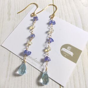 ブルートパーズ、タンザナイト、オパールのロング天然石ピアス