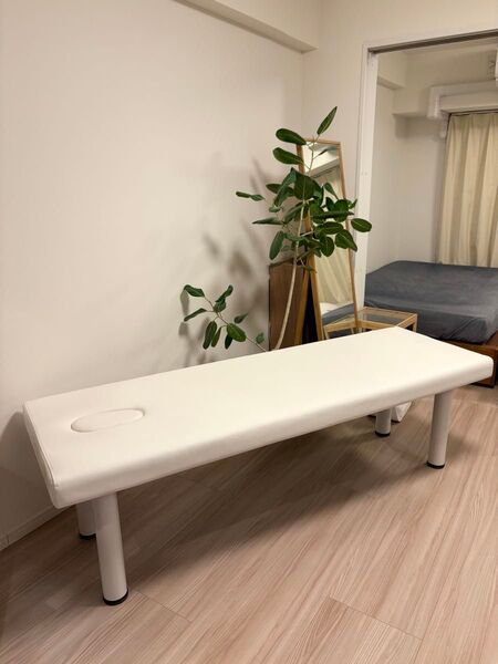 【美品】マッサージベッド 差し込み脚 有孔 ホワイト天板 スチールホワイト脚 長さ185×幅60×高さ55cm 整体 エステ