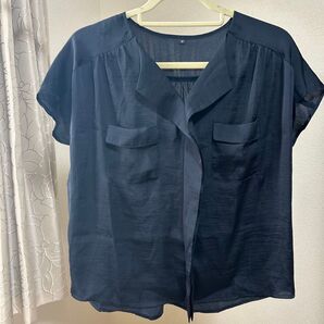紺色 半袖 ブラウス 半袖シャツ 上品 ふんわり シアー ネイビー 袖なし