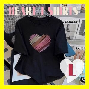 Tシャツ ハートブラック 半袖 かわいい 黒T シンプル 韓国風L