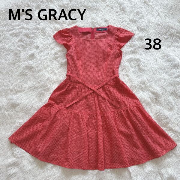 M'S GRACY ★レース ティアード ワンピース 38 ピンク パフスリーブ リボン