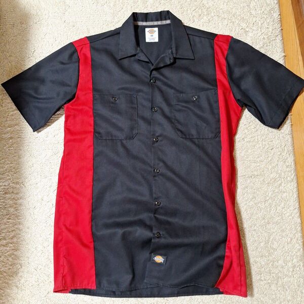 【美品】Dickies ディッキーズ 半袖ワークシャツ Mサイズ レッド ブラック