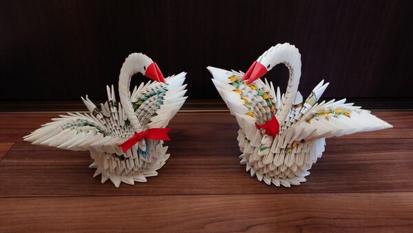 折り紙 鶴 置物 2個セット ハンドメイド オブジェ 2羽セット 約15×20cm