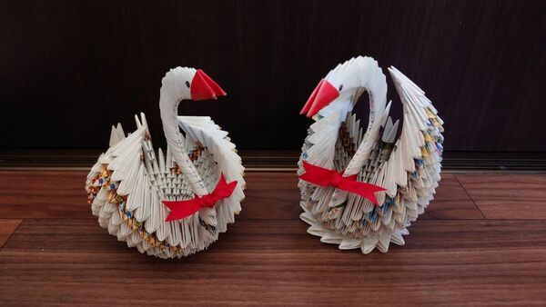 折り鶴 2羽セット 赤リボン付き ハンドメイド 折り紙 オブジェ 2体セット 約15×15cm