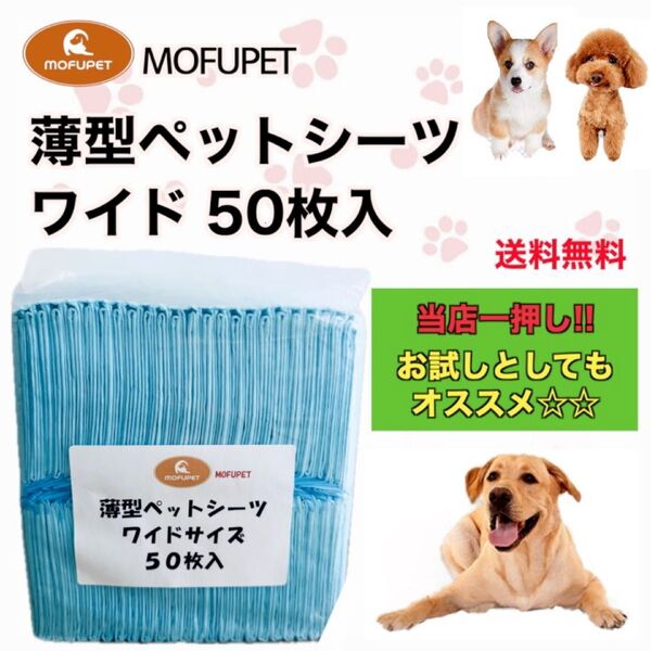 MOFUPET 薄型ペットシーツ ワイドサイズ50枚入り ペットシート 犬用 猫用 小動物 トイレマット トイレシート