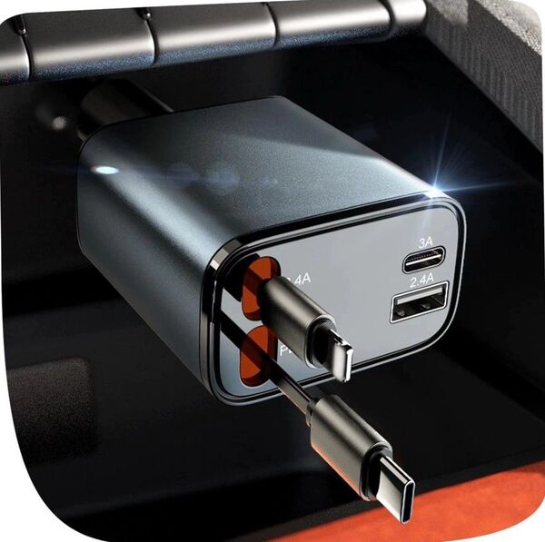 シガーソケット USB 巻き取り 4in1 車 充電器 カーチャージャー