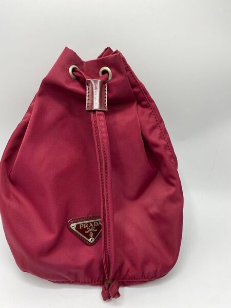 希少 PRADA ポーチ 巾着 ナイロン ボルドー 三角ロゴ
