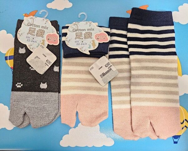 ノーブランド コットンMIX 足袋 靴下 ソックス 3足セット 22 〜24cm 猫柄