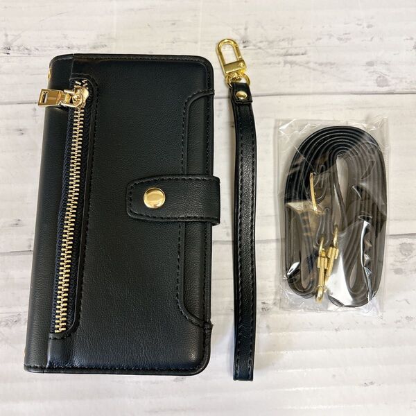 Galaxy S23 5G 対応 ケース 手帳型 ストラップ カバー PUレザーケース 多財布デザイン 肩がけ (ブラック)