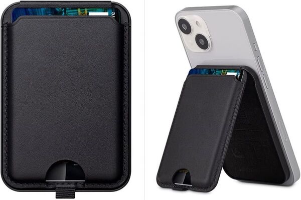 マグネット式 iPhone ウォレットスタンド レザー 電話 カードホルダー MagSafe用 調節可能 スタンド付き ブラック