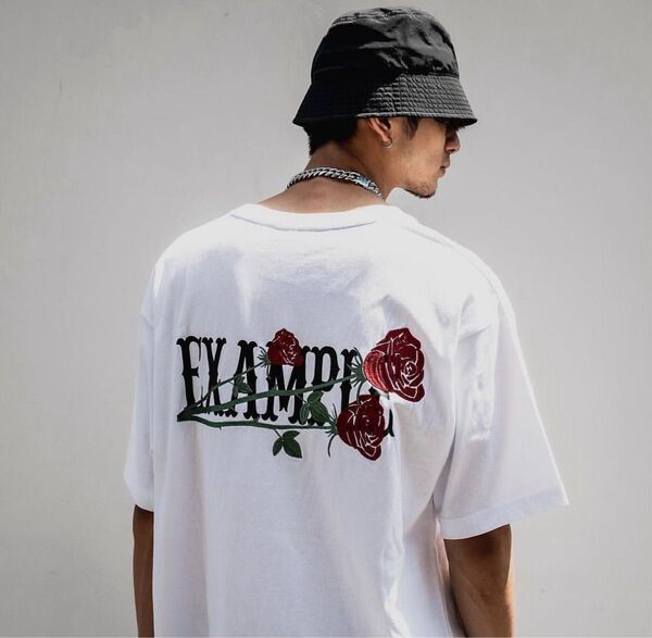 EXAMPLE Tシャツ XXL 薔薇 刺繍 白 ホワイト 2XL バラ バックプリント 大きいサイズ オーバーサイズ