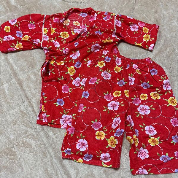女の子 甚平 セットアップ 花柄 レッド