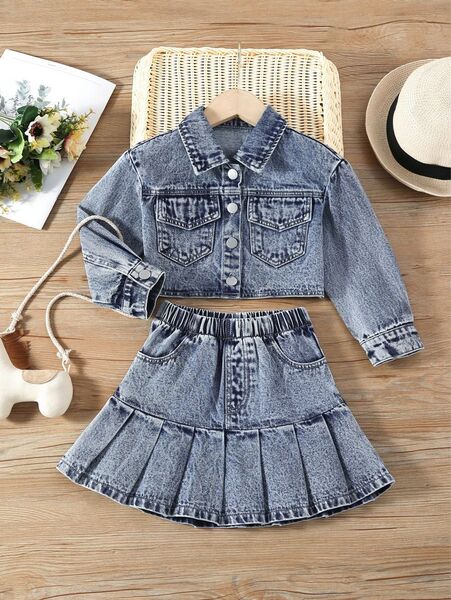 SHEIN キッズ デニムジャケット プリーツスカート セットアップ 女の子 110サイズ相当