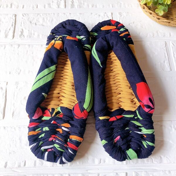 カラフル柄浴衣×山吹色(女性用ML)ふんわり鼻緒の布ぞうり 布草履
