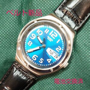 swatch irony デイデイト ブルー 美品 レザーベルト新品 電池新品交換済