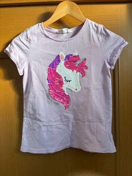 H&M 134/140 キッズ 女の子 Tシャツ スパンコール ユニコーン パープル