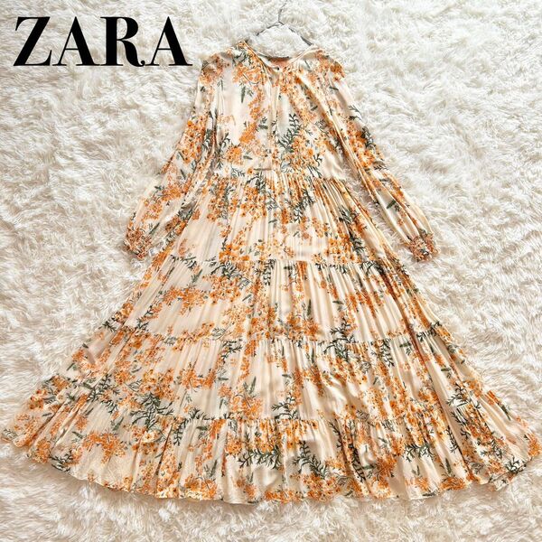 ZARA ザラ 花柄 ボタニカル柄 ワンピース ティアード ロングワンピース M