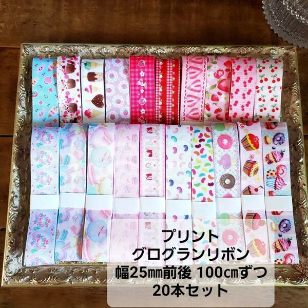 プリントグログランリボン 25㎜前後 100㎝ずつ 20本 計20M・R123