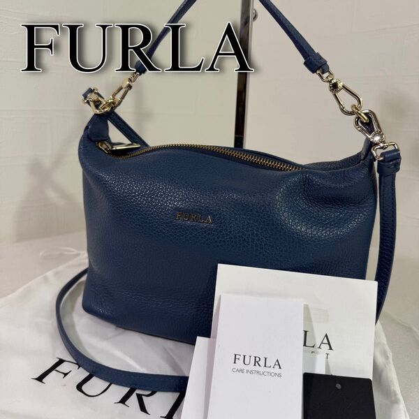 美品 フルラ ハンドバッグ ソフィー ブルー 2way レザー 保存袋 ショルダーバッグ FURLAバッグ レディースバッグ