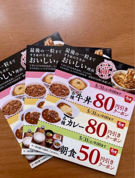 すき家 クーポン 10枚 即日発送 牛丼80円引 カレー80円引き 朝食50円引き 5/31まで有効期限