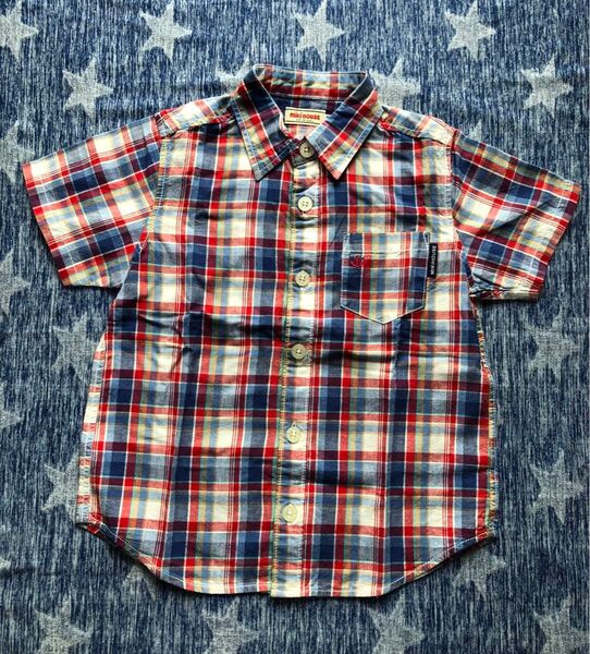 極美品★110★ミキハウス★半袖マリン系チェックシャツ★お出掛け重ね着★ダブルBホットビスケッツ★おまとめ歓迎★CTU017