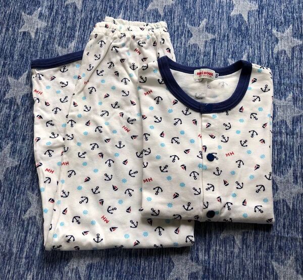 美品★120★ミキハウス★マリン柄パジャマ上下セット★部屋着ルームウェア★ダブルBホットビスケッツ★おまとめ歓迎★CTU015