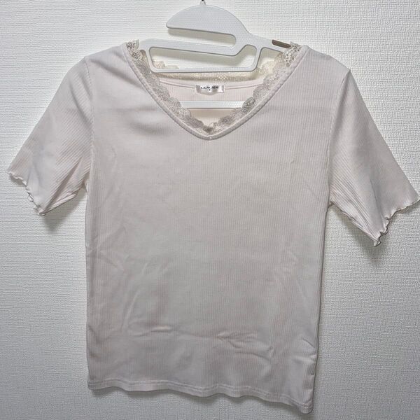 Tシャツ リブ レース フリル カットソー M (訳あり)
