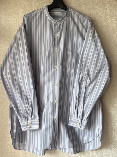 メンズシャツ GU ストライプシャツ バンドカラー ブルー系 未使用 綿ポリ L サイズ