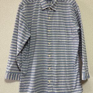 メンズシャツ 7分袖シャツ ブルー系ボーダー 綿ポリ 爽やかボーダー