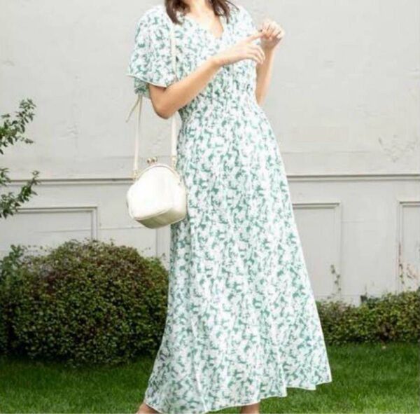 fifth カシュクール フラワーワンピース グリーン ロングワンピース 花柄 マキシ丈