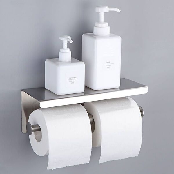 【1点限り】トイレットペーパーホルダー 2連 ペーパーホルダー トイレ 棚付き2枚紙巻き シルバー 棚板付き 27cm幅