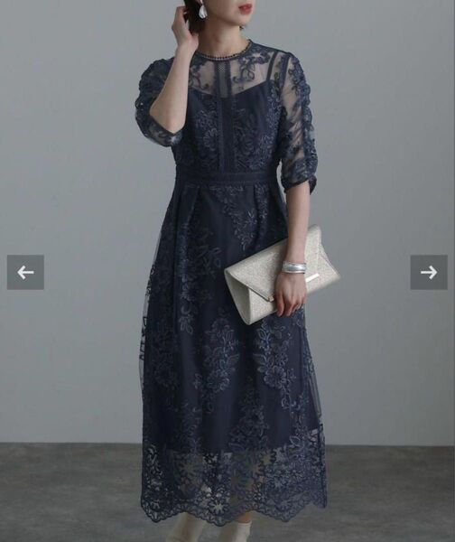 【kana】バックリボンレースロングドレス ネイビー パーティードレス オケージョン ロングワンピース 綺麗 大人 結婚式