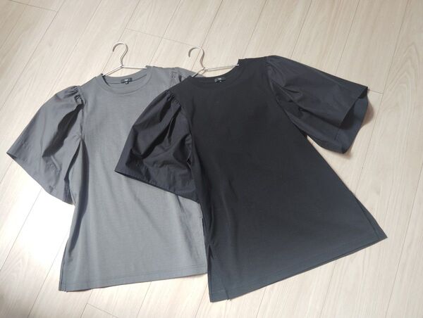 プラステ ファブリックコンビフレアスリーブTシャツM グレー 黒 パフスリーブ